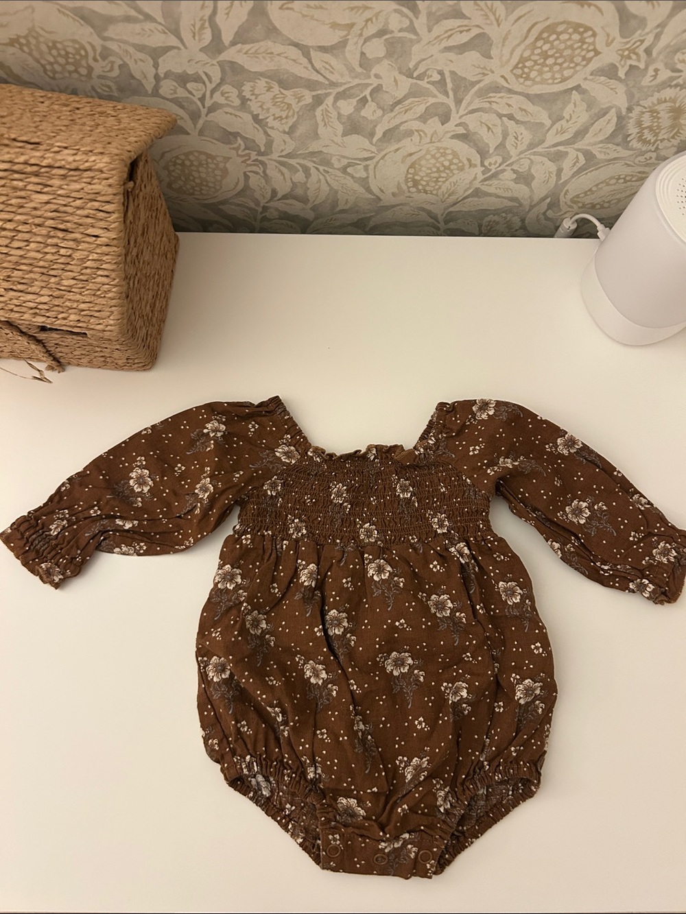 Rylee + Cru Brown Floral Smocked Baby Romper 3-6 months